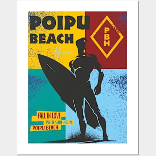 Poipu Beach Kauai Surfer Silhouette Distressed Posters and Art